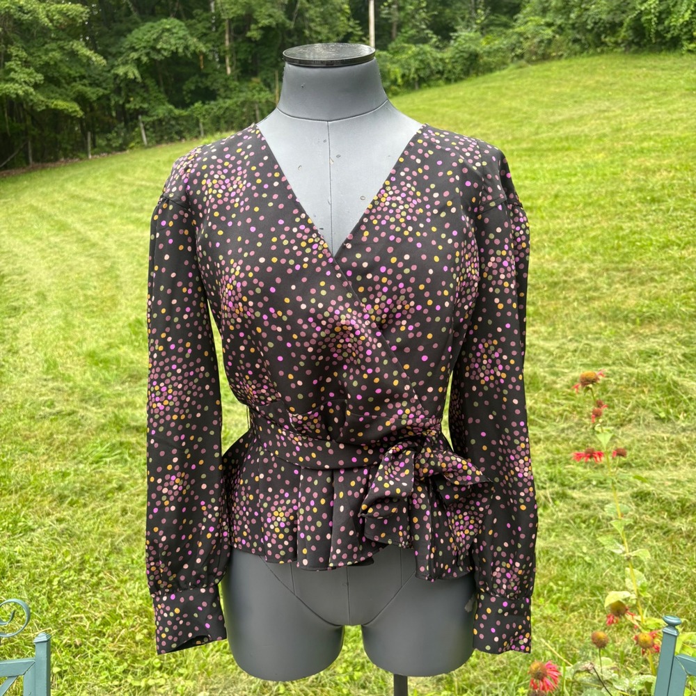 Women's Small KATE SPADE Disco Dots Black Multi Polka Dot Wrap Top Blouse NWT